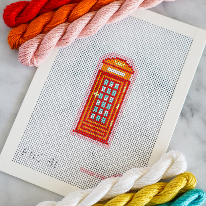 Mini London Telephone Booth Needlepoint Canvas by Frances Abel kitted with Planet Earth Silk Threads