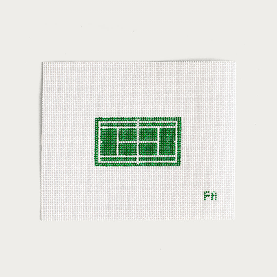 Hand-painted Mini Tennis Court needlepoint canvas with a sporty design.