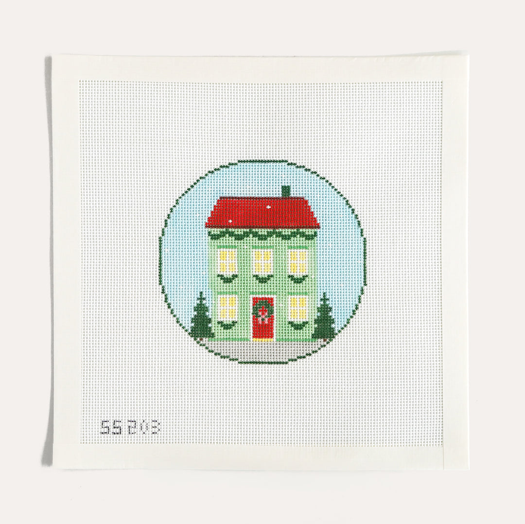 Mint Green Christmas Home hand painted round needlepoint canvas by Stitch Style on 18 mesh with stitch guide