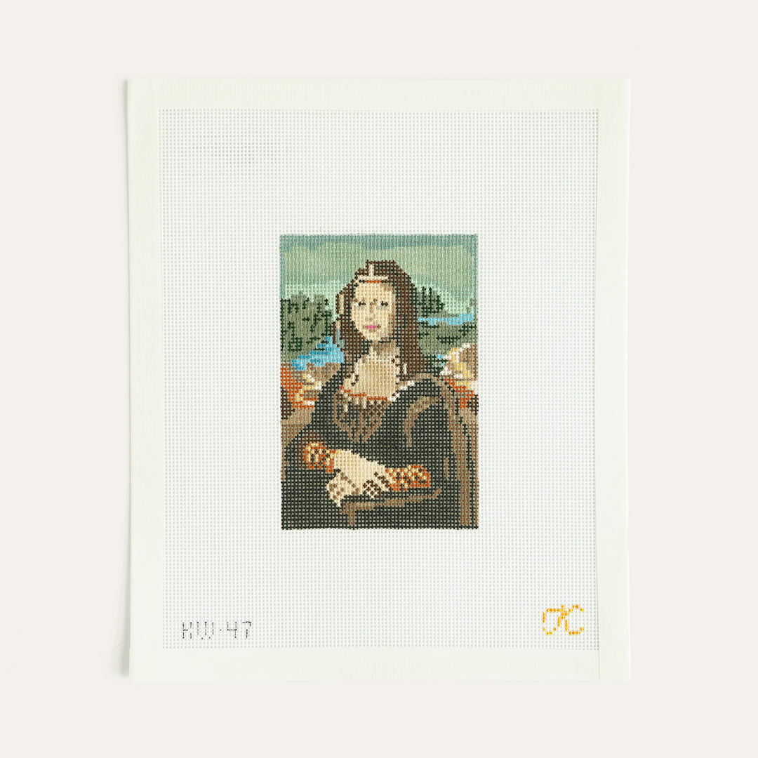 Mona Lisa needlepoint canvas by The Gingham Stitchery on 18 mesh, inspired by Leonardo da Vinci painting