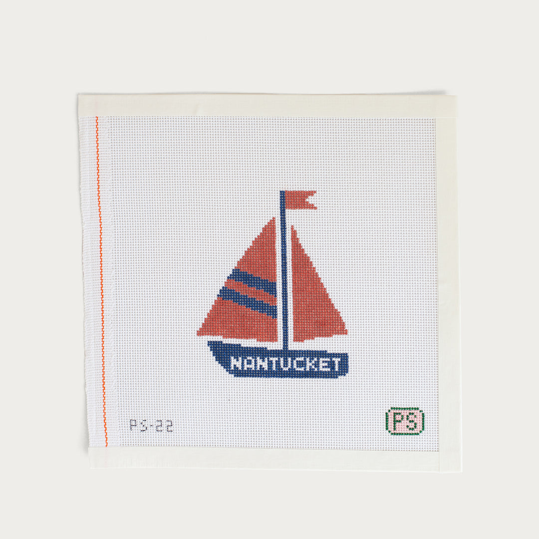 Hand-painted Nantucket Sailboat needlepoint canvas on 18 mesh, featuring a classic coastal design.