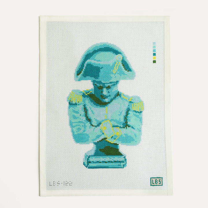 Full Napoleon bust needlepoint canvas on white background, 13 mesh, blue and aqua tones