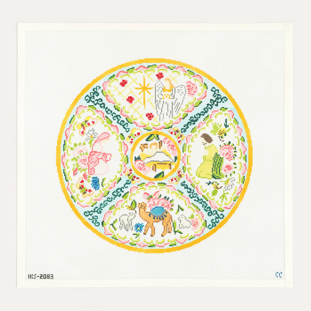 Nativity Round needlepoint canvas by Initial K Studio, 18 mesh Christmas design featuring nativity scene