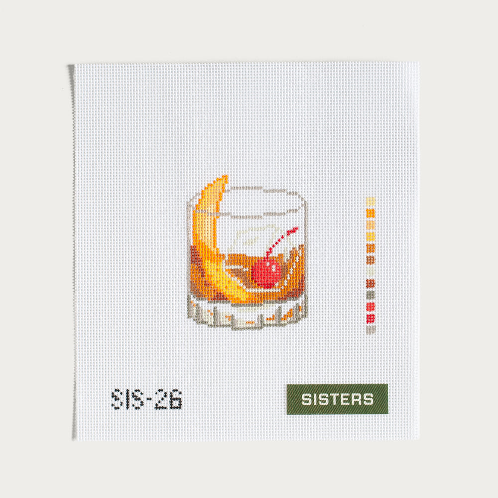 Hand-painted Old Fashioned Cocktail needlepoint canvas on 18 mesh, ideal for bar decor and cocktail lovers.