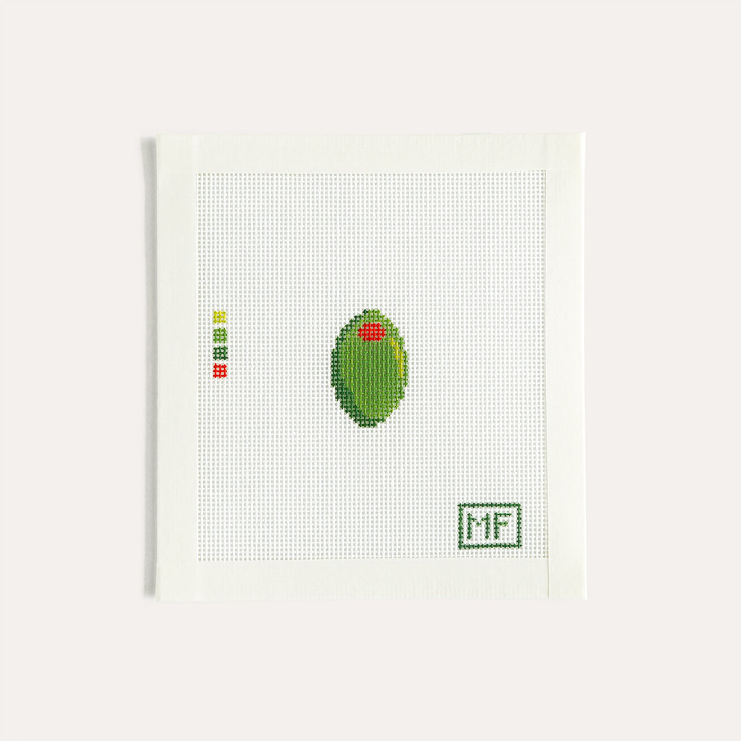 Olive Mini needlepoint canvas, 0.9 x 1.5 inch stitch painted design on 18 mesh by MF Needlepoint