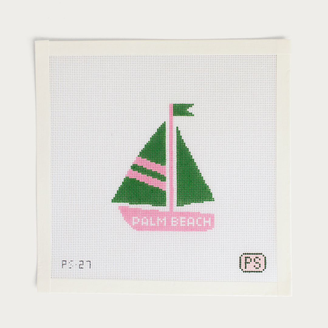 Hand-painted Palm Beach Sailboat needlepoint canvas on 18 mesh, featuring a breezy coastal design.