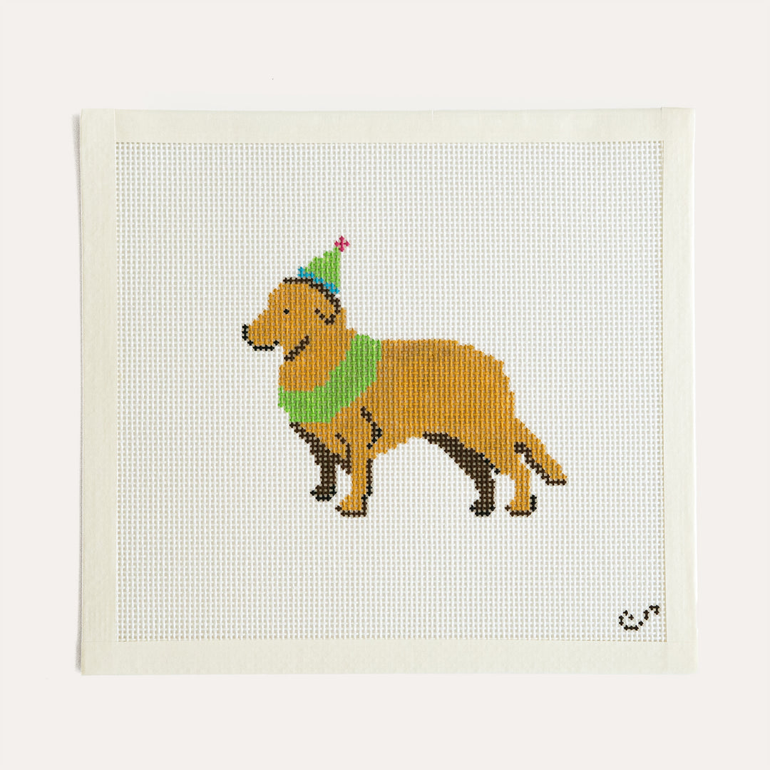 Party Animal Golden Retriever by Sunday Shoppe, 13 mesh needlepoint canvas featuring a golden retriever party design