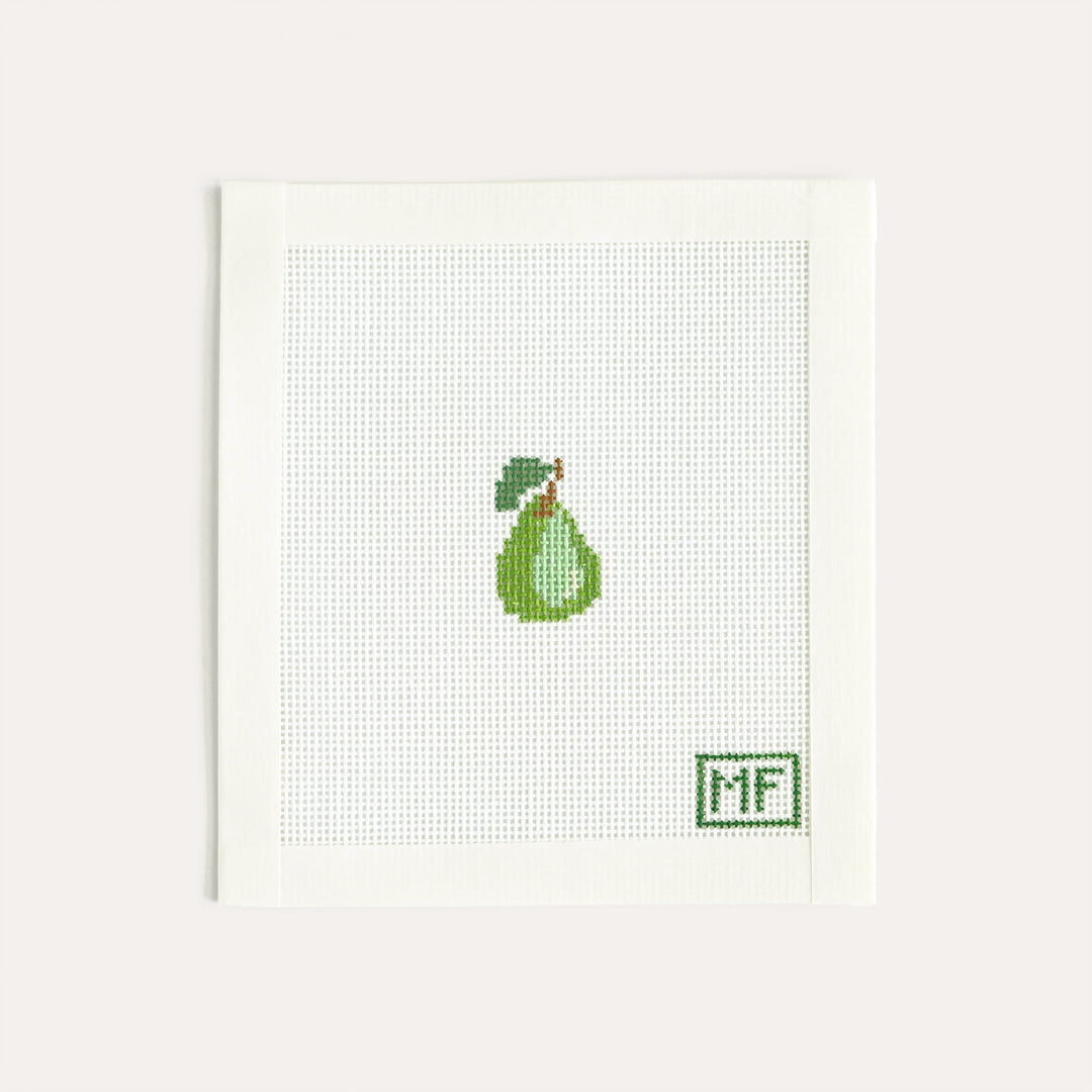 Pear Mini needlepoint canvas, 0.8 x 1.2 inch stitch painted design on 18 mesh by MF Needlepoint