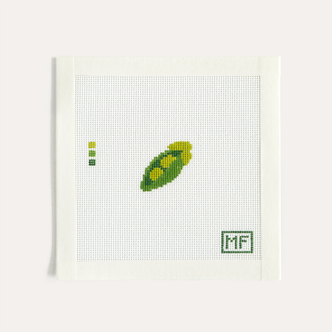 Peas in a Pod Mini needlepoint canvas, 1.2 x 1.2 inch stitch painted design on 18 mesh by MF Needlepoint