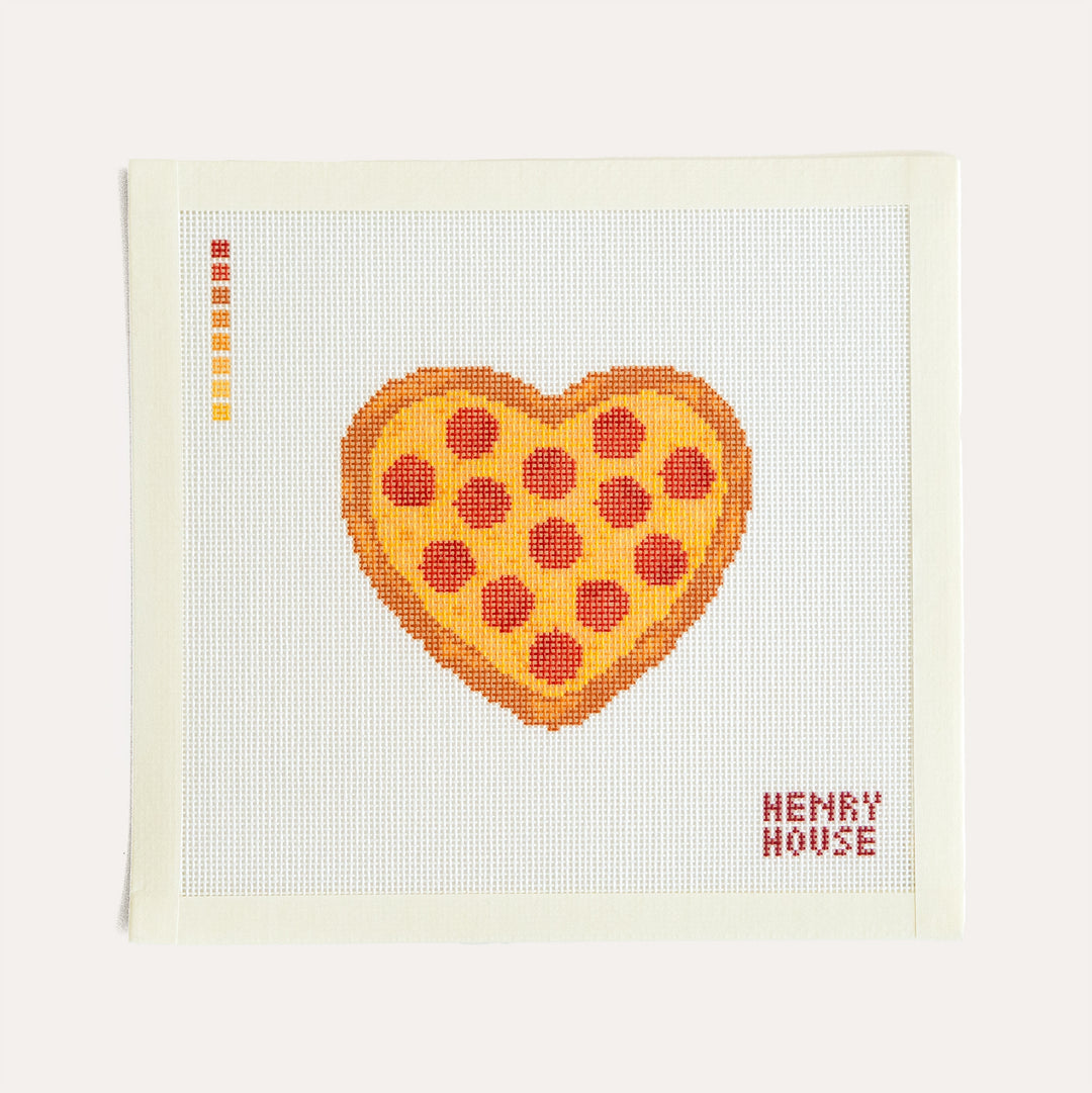 Pepperoni Pizza Heart by Henry House Designs, 18 mesh needlepoint canvas featuring a heart-shaped pepperoni pizza