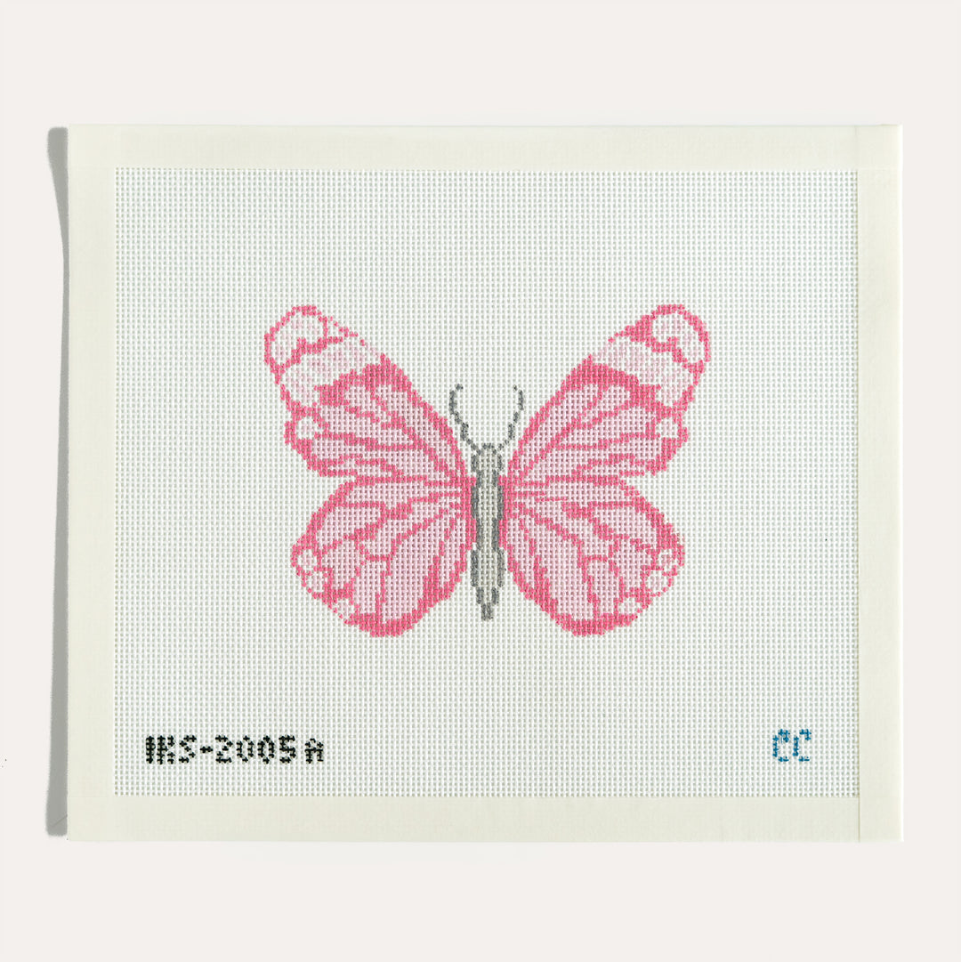 Pink Butterfly 18 mesh needlepoint canvas by Initial K Studio, created by Catherine Cartie Calligraphy