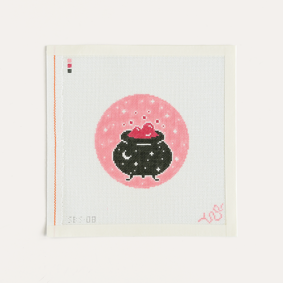 Pink and spooky celestial cauldron needlepoint canvas, 4" round on 18 mesh by Spellbound Stitchery