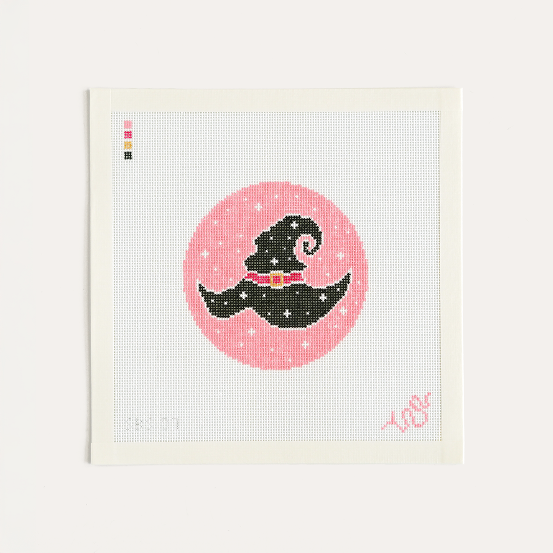 Pink and spooky celestial witch’s hat needlepoint canvas, 4" round on 18 mesh by Spellbound Stitchery