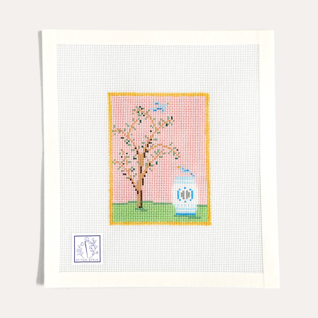 Pink Chinoiserie Silk Screen hand painted needlepoint canvas by Stitch Style on 18 mesh with stitch guide