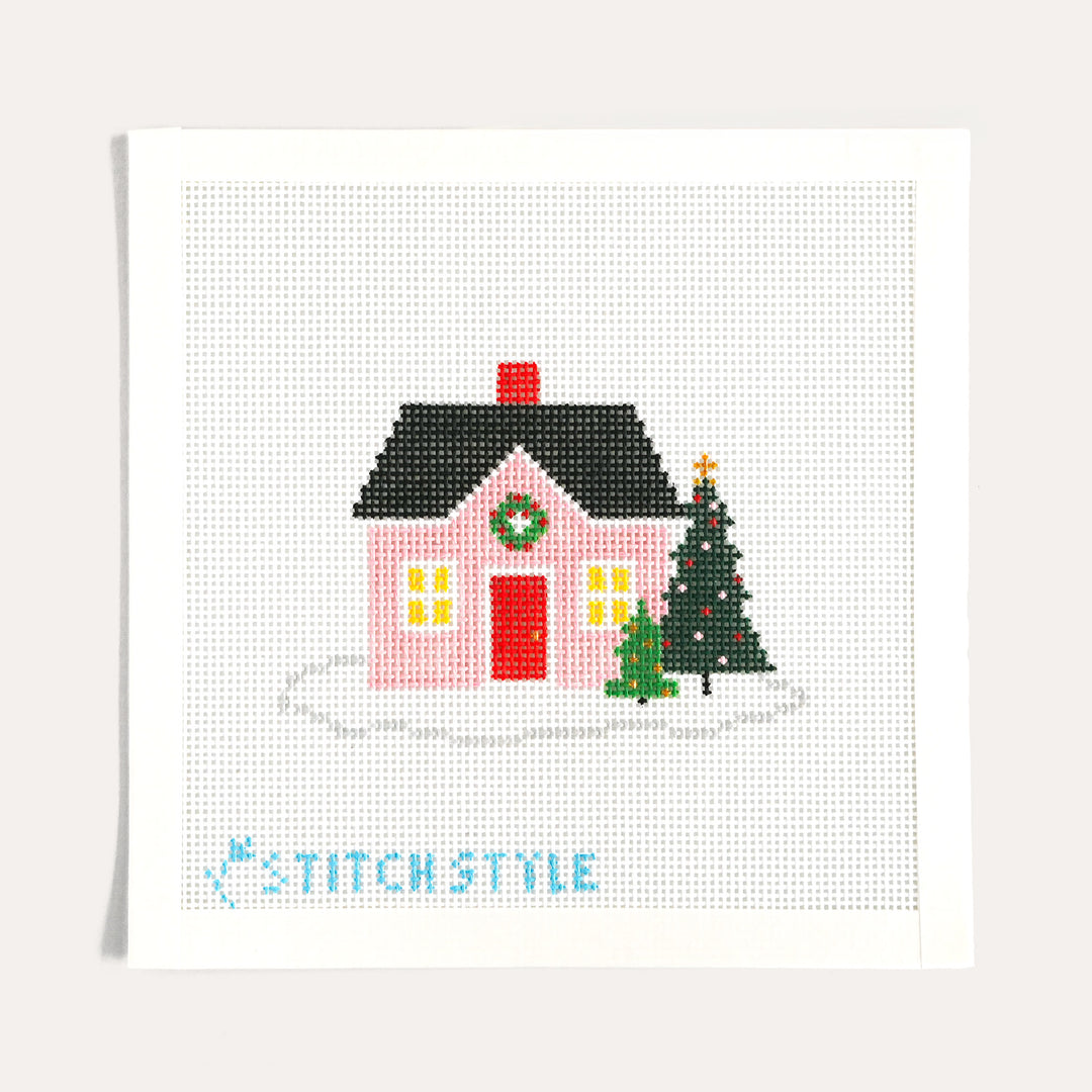 Pink Christmas Home hand painted needlepoint canvas by Stitch Style on 13 mesh with stitch guide included
