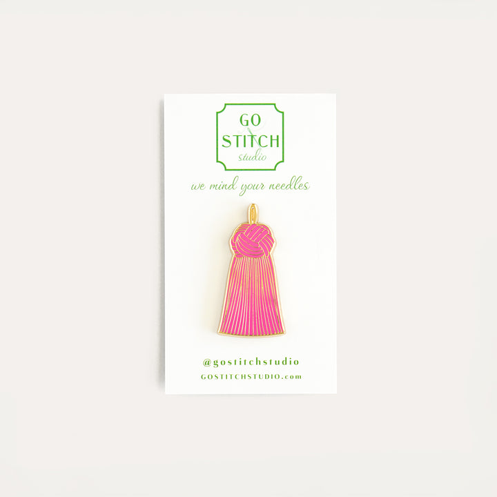 Pink French knot tassel needle minder by Go Stitch Studio with secure magnet