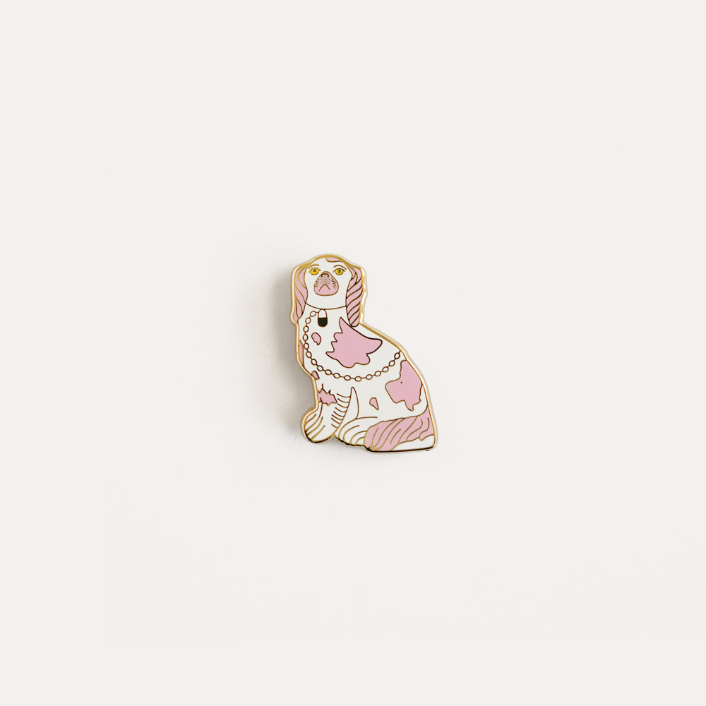 Pink and gold Staffordshire dog needle minder by Go Stitch Studio with enamel finish and gold chain