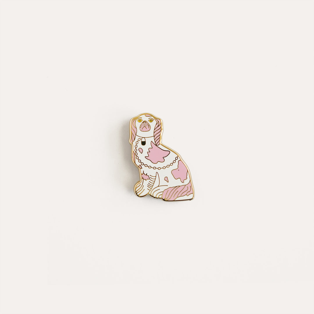 Pink and gold Staffordshire dog needle minder by Go Stitch Studio with enamel finish and gold chain