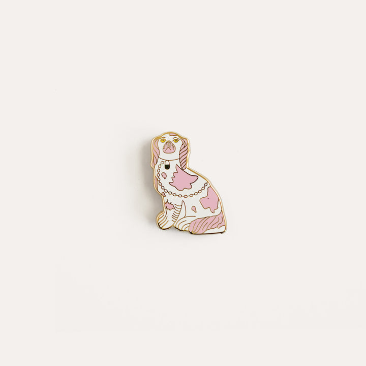 Pink and gold Staffordshire dog needle minder by Go Stitch Studio with enamel finish and gold chain