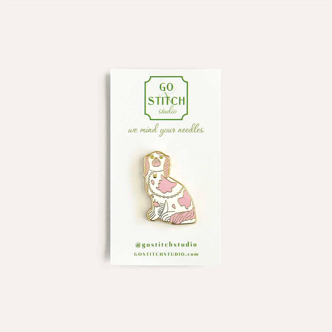 Pink and gold Staffordshire dog needle minder by Go Stitch Studio with enamel finish and gold chain