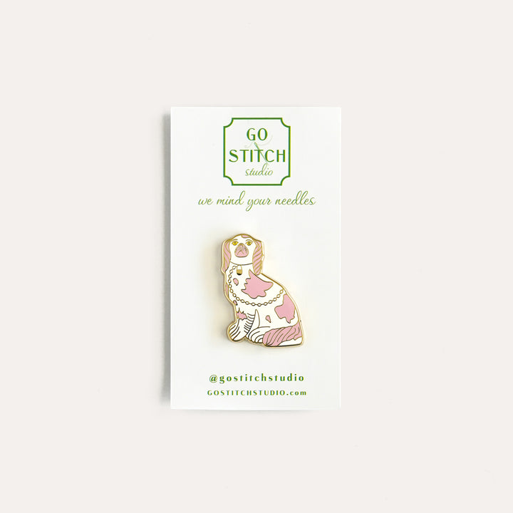Pink and gold Staffordshire dog needle minder by Go Stitch Studio with enamel finish and gold chain