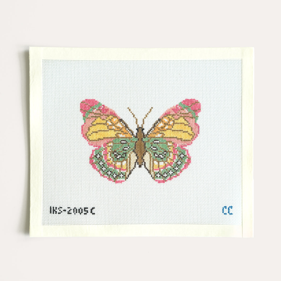 Pink Green Butterfly Ornament Needlepoint Canvas by Initial K Studio, 18 Mesh, Stitch Painted