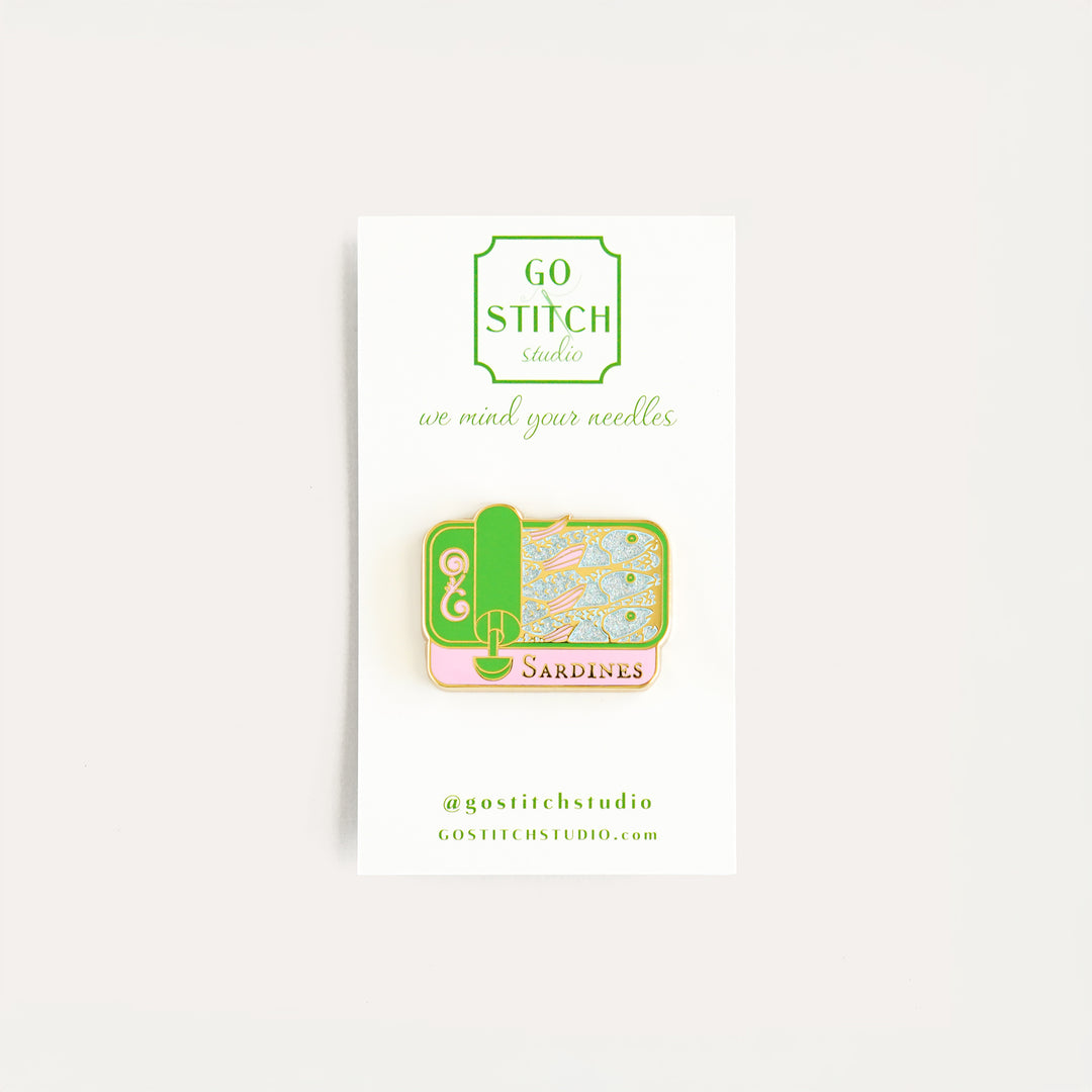 Pink and green sardine can needle minder by Go Stitch Studio with strong magnet