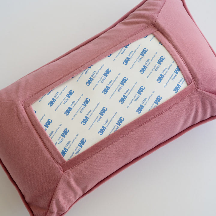 Pink Guava self-finishing needlepoint pillow by RenniCo with pink velvet insert, 15 x 9 inches