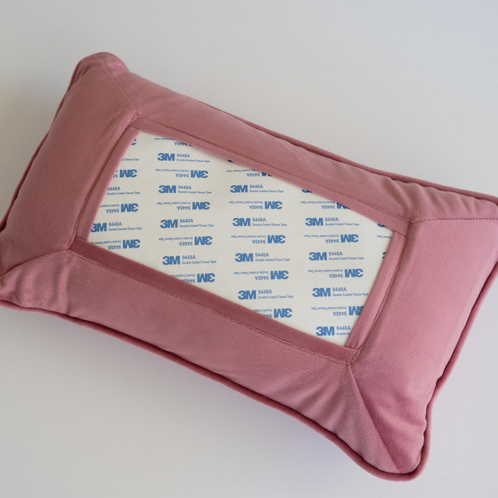 Pink Guava self-finishing needlepoint pillow by RenniCo with pink velvet insert, 15 x 9 inches