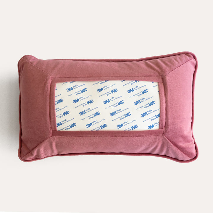Pink Guava self-finishing needlepoint pillow by RenniCo with pink velvet insert, 15 x 9 inches