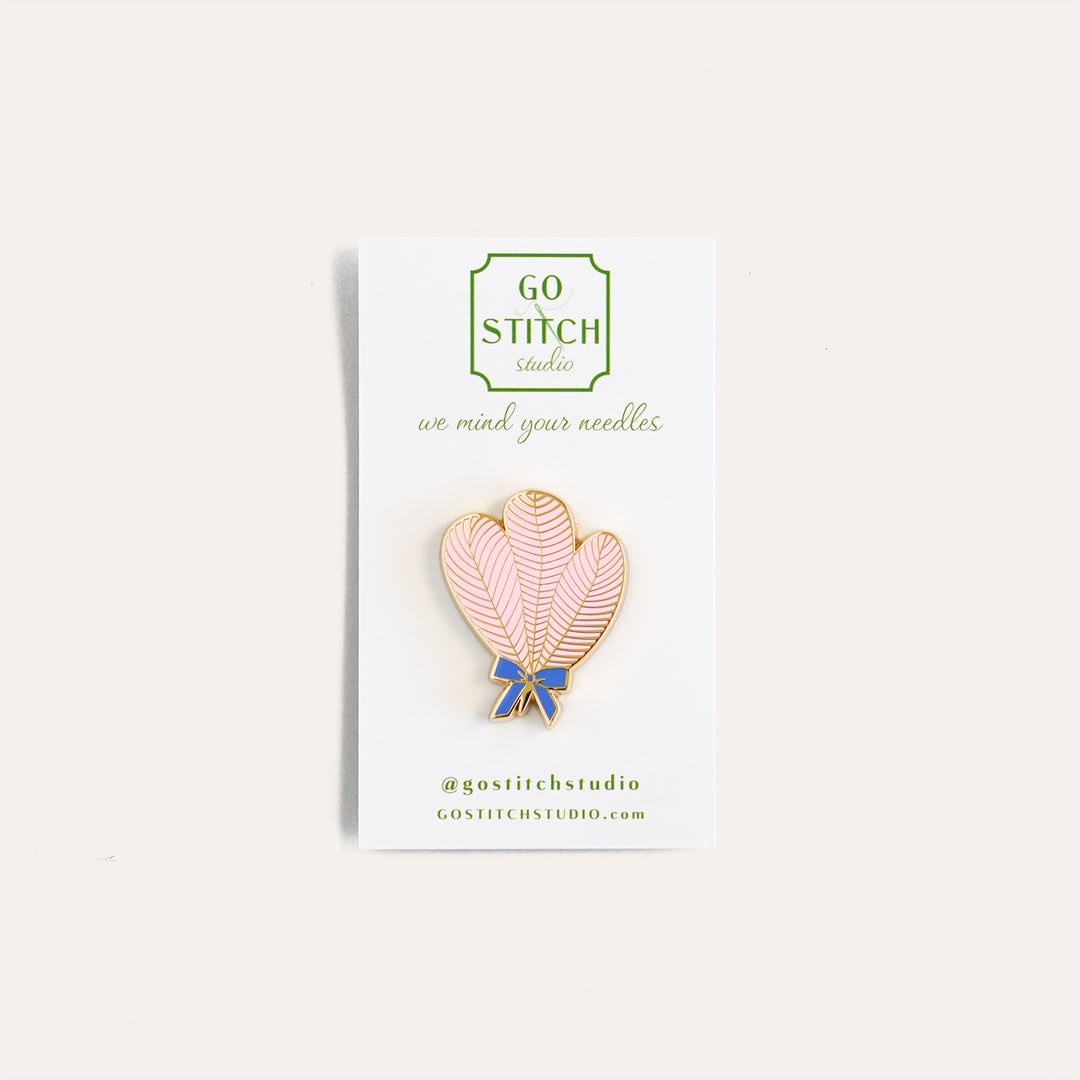 Pink ostrich feather fan needle minder by Go Stitch Studio in a 1.5 inch size