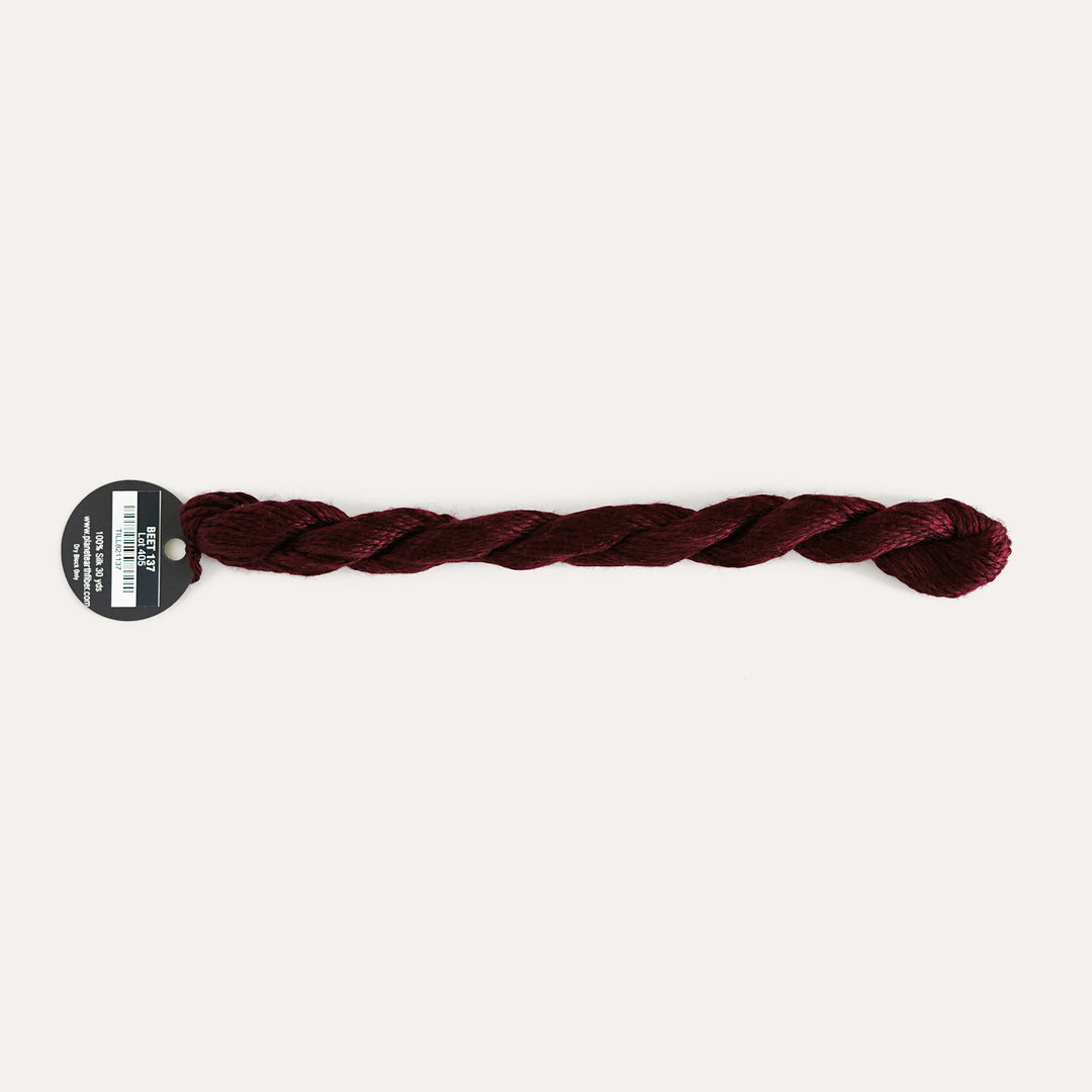 Planet Earth Silk in Beet 137 by Tilli Tomas, 100% silk needlepoint thread, 30 yard skein, suitable for 13 mesh canvas