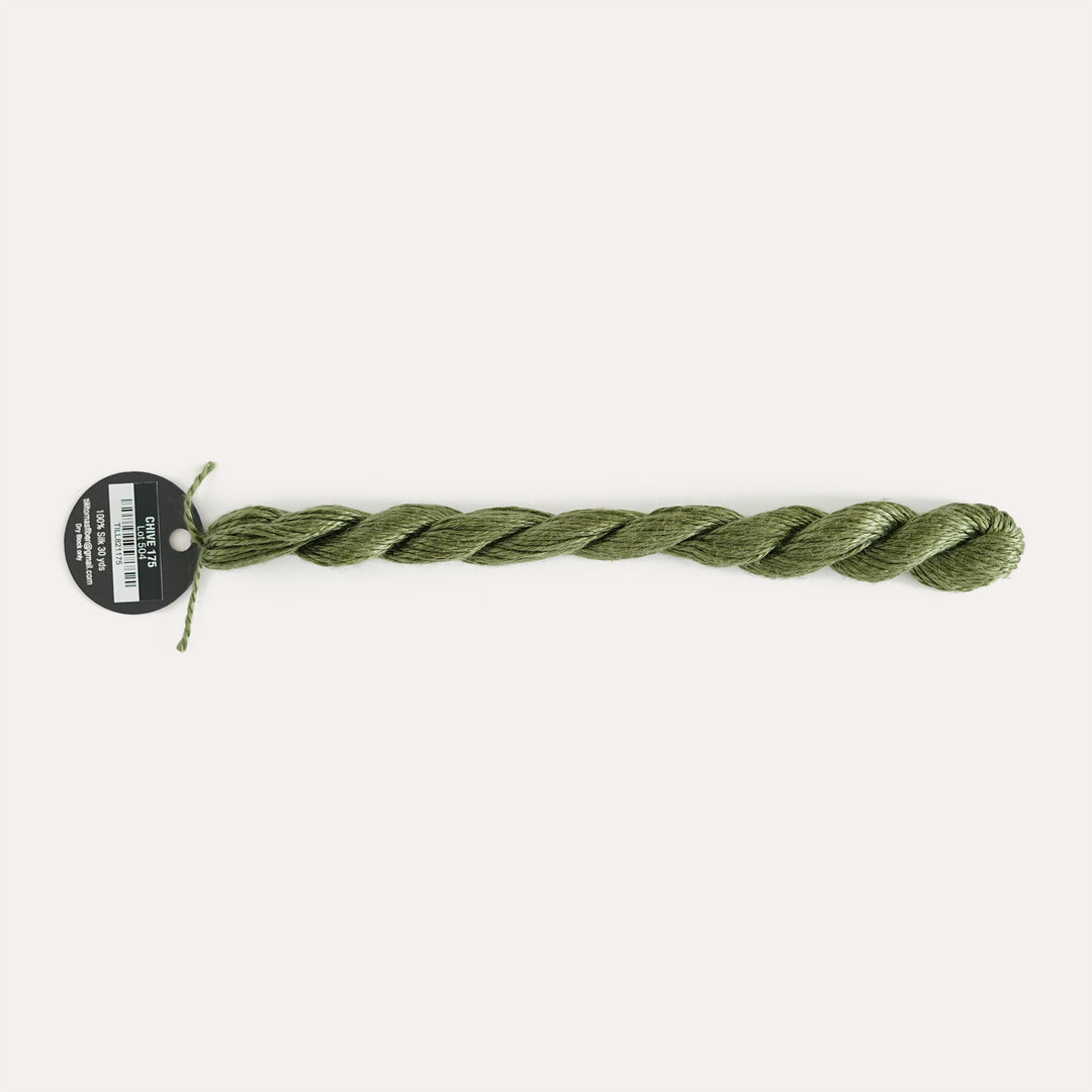 Planet Earth Silk in Chive 175 by Tilli Tomas, 100% silk needlepoint thread, 30 yard skein, suitable for 13 mesh canvas