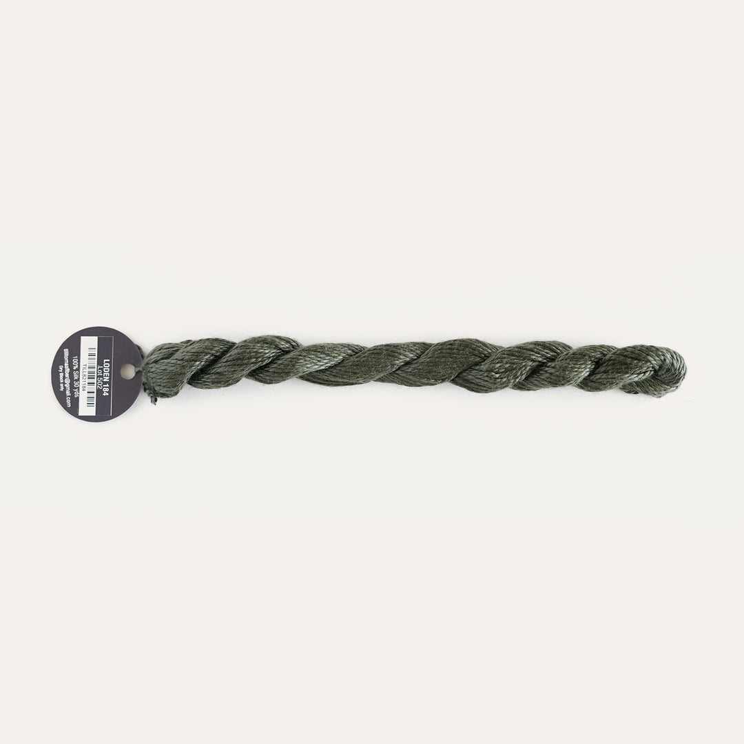 Planet Earth Silk in Loden 184 by Tilli Tomas, 100% silk needlepoint thread, 30 yard skein, suitable for 13 mesh canvas