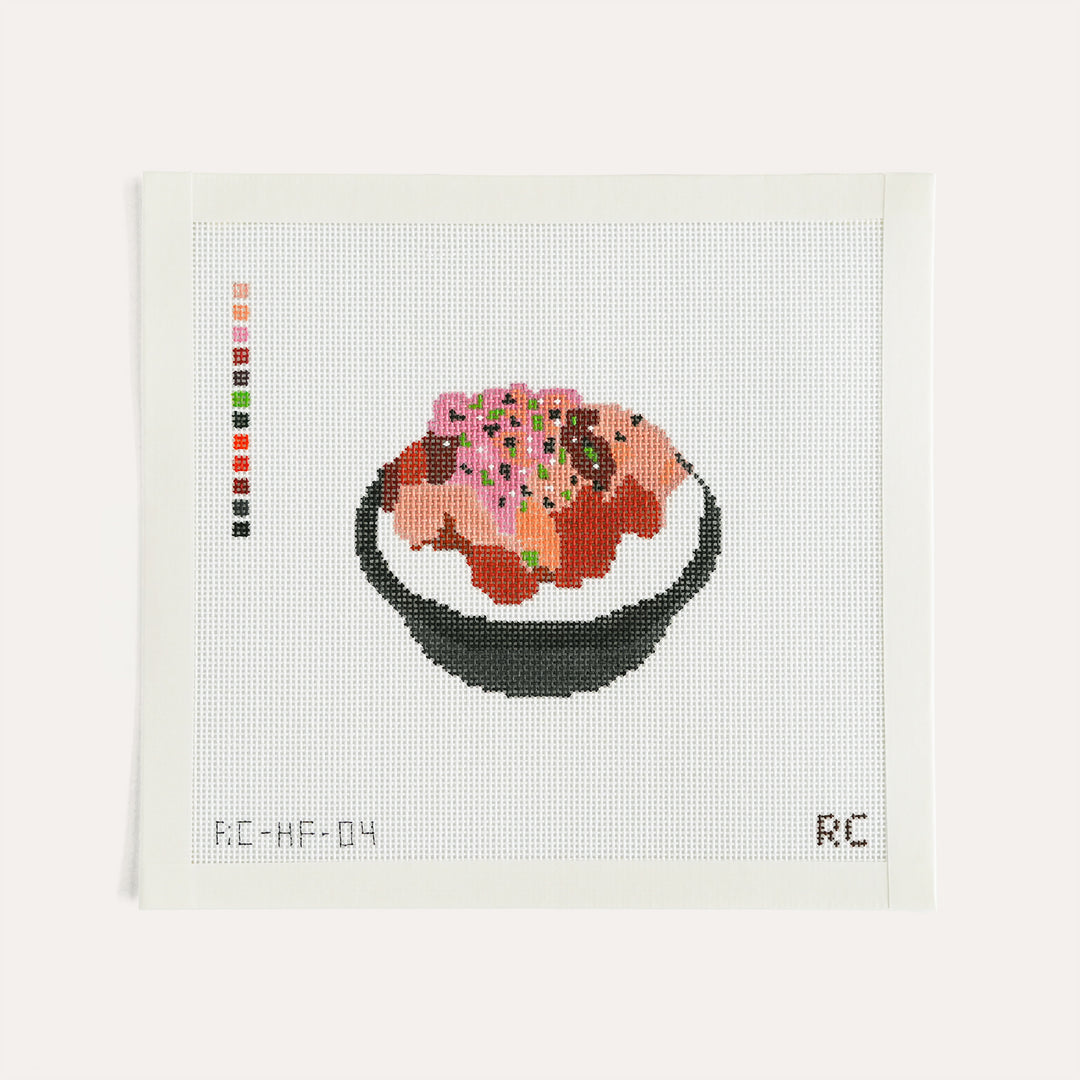 Poke Bowl needlepoint canvas by RenniCo, 3.68 x 3.25 inch Hawaiian food design on 18 mesh