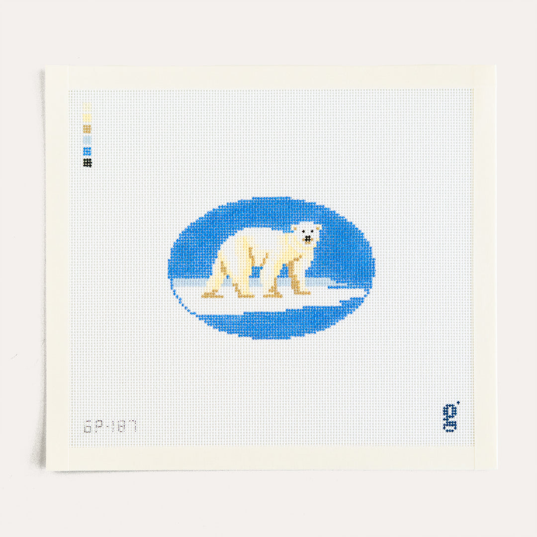 The Polar Bear Oval needlepoint canvas by Goodpoint featuring a polar bear design on 18 mesh canvas.