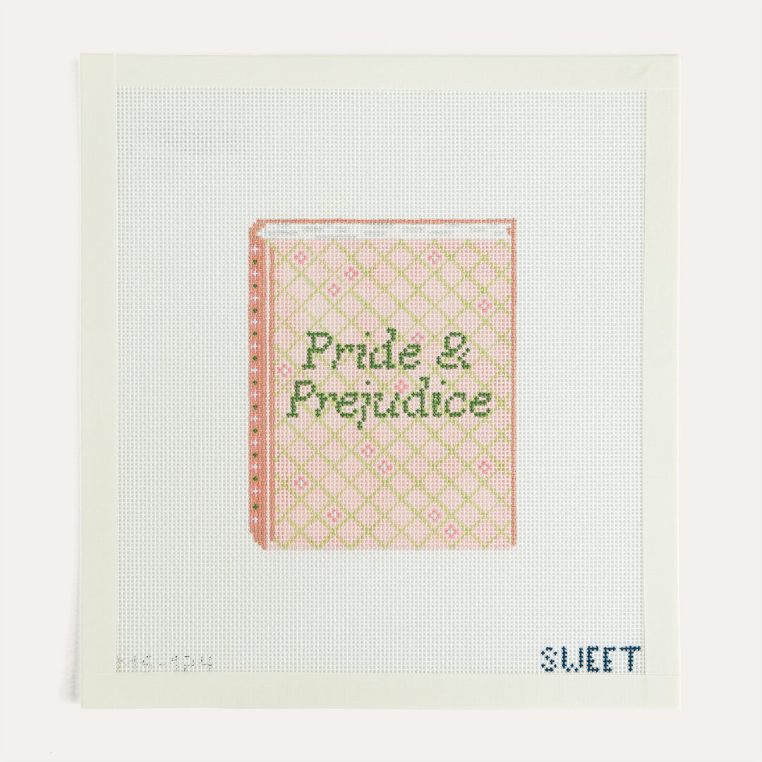 Pride and Prejudice Book needlepoint canvas by Madde Sweet Designs featuring a classic book design on 18 mesh canvas.