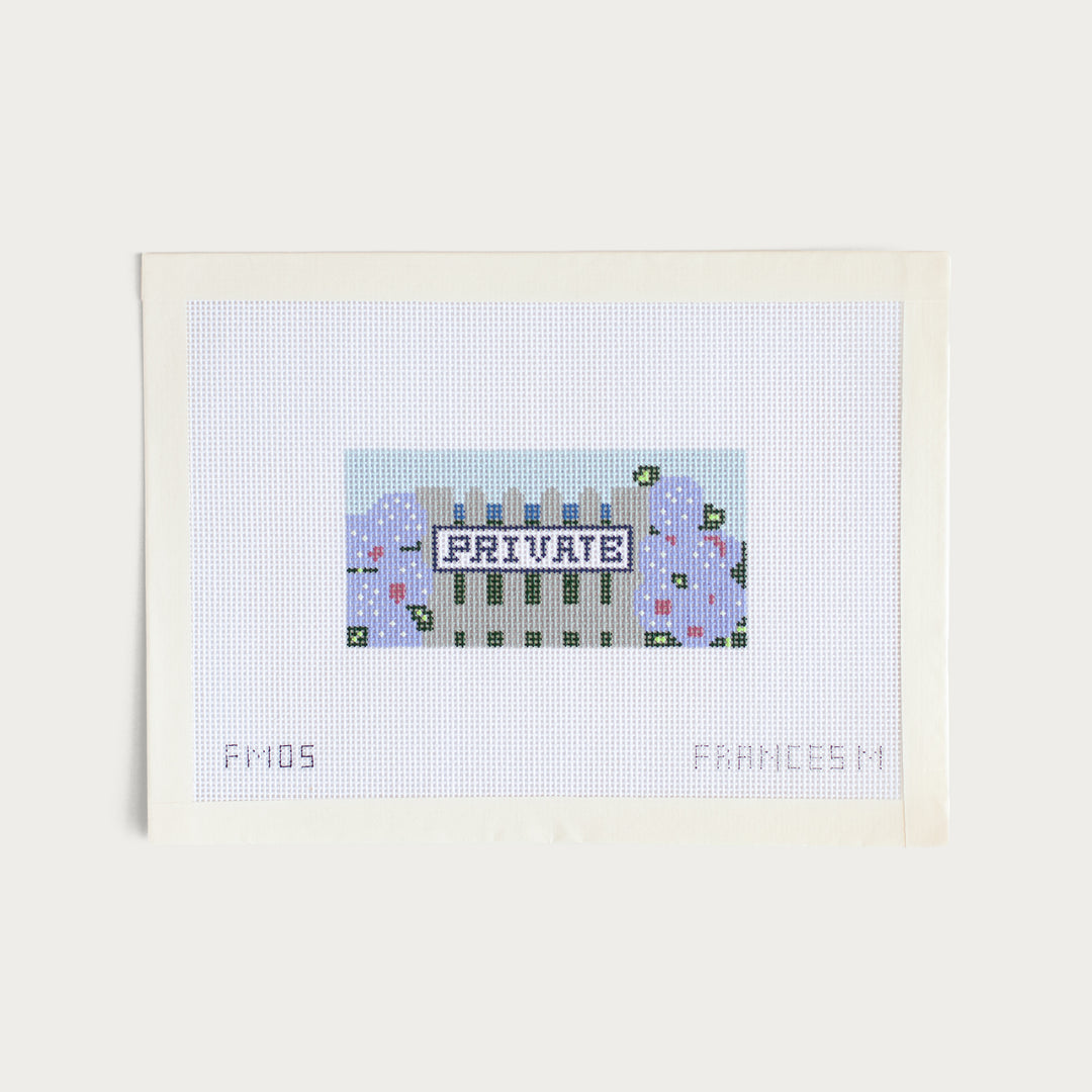 Private needlepoint canvas by Frances Mary on 18 mesh featuring picket fence hydrangeas and sign