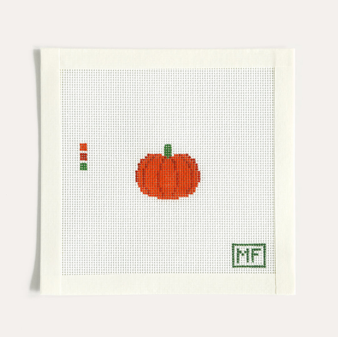 Pumpkin Mini needlepoint canvas, 1.5 x 1.4 inch stitch painted design on 18 mesh by MF Needlepoint
