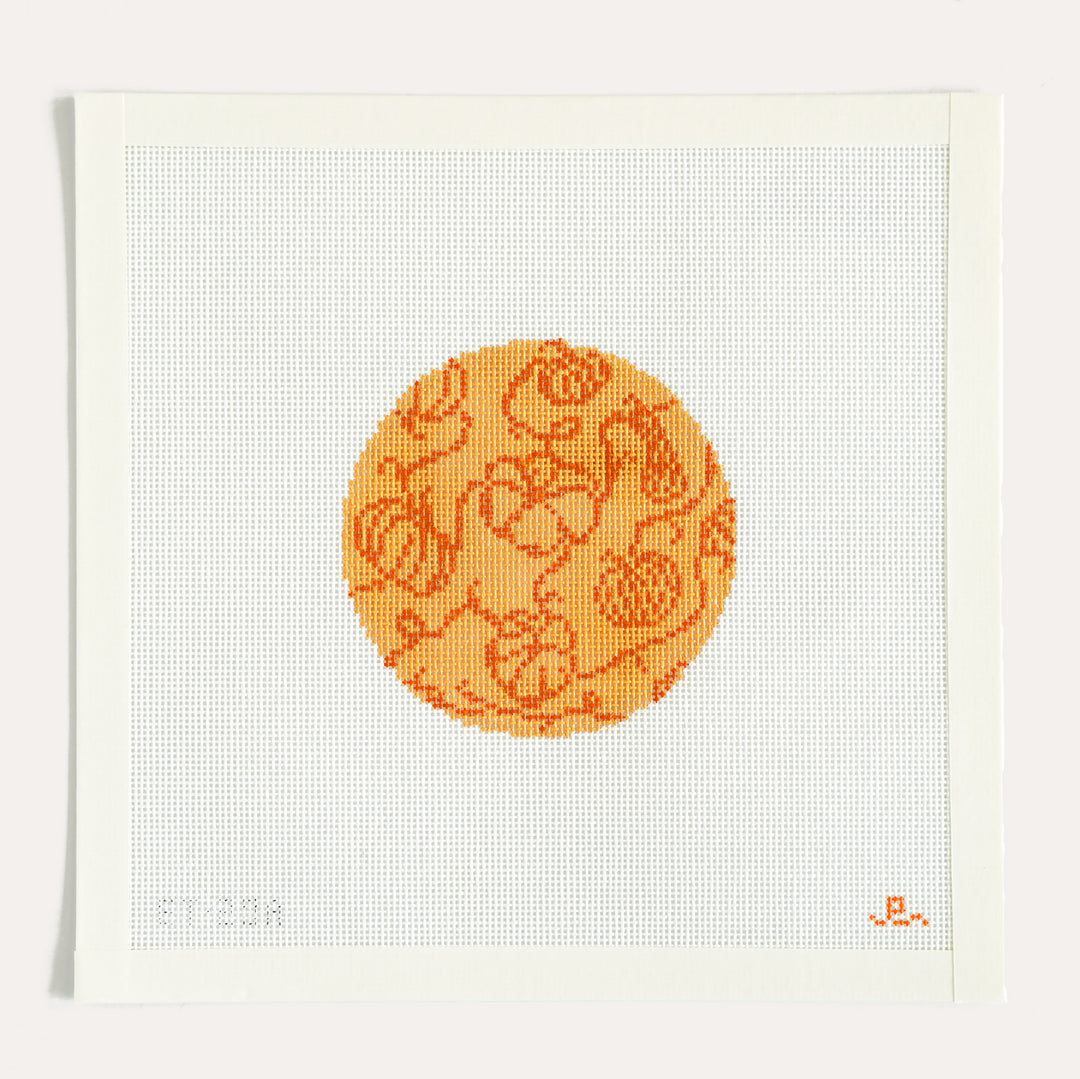 Pumpkins on Vine in Orange needlepoint canvas by Elizabeth Taylor Needlepoint, 18 mesh round design