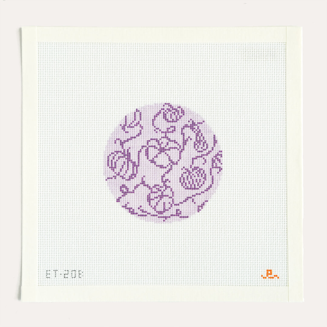Pumpkins on Vine in Purple needlepoint canvas by Elizabeth Taylor Needlepoint, 18 mesh round design