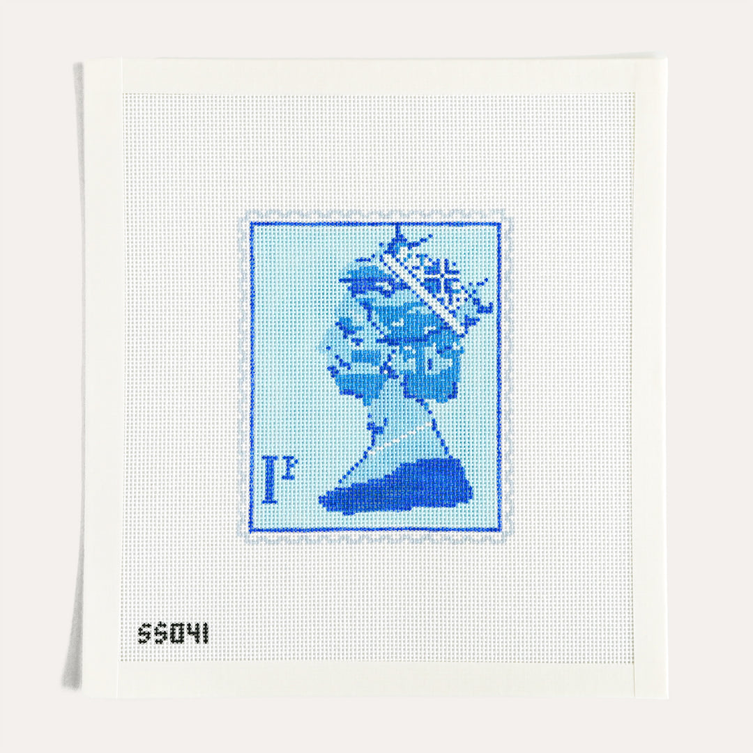 Blue Queen Elizabeth Stamp hand painted needlepoint canvas by Stitch Style on 18 mesh