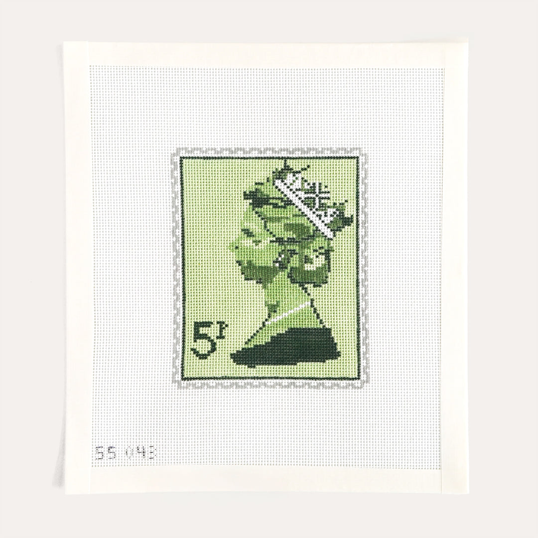 Green Queen Elizabeth Stamp hand painted needlepoint canvas by Stitch Style on 18 mesh