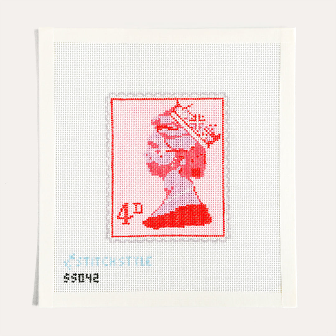 Pink Queen Elizabeth Stamp hand painted needlepoint canvas by Stitch Style on 18 mesh