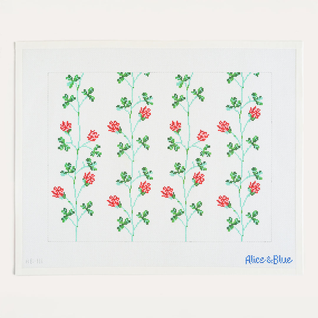 Red Clover hand painted floral needlepoint canvas by Alice and Blue on 13 mesh