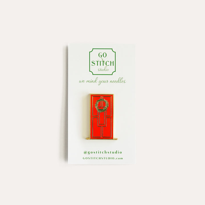 Red Door with Wreath Needle Minder by Go Stitch Studio with hard enamel and gold accents