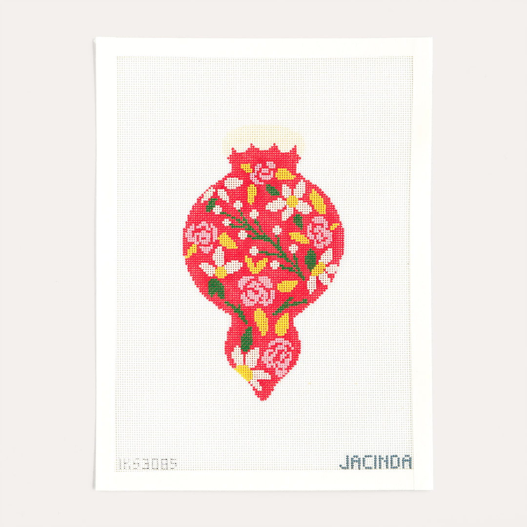 Red Holiday Flowers Ornament needlepoint canvas by Initial K Studio, 18 mesh holiday floral design