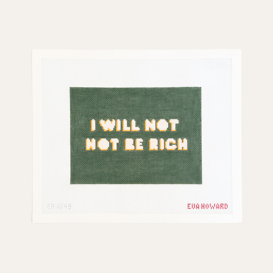 Rich Girl needlepoint canvas by Eva Howard with pop culture quote on 18 mesh
