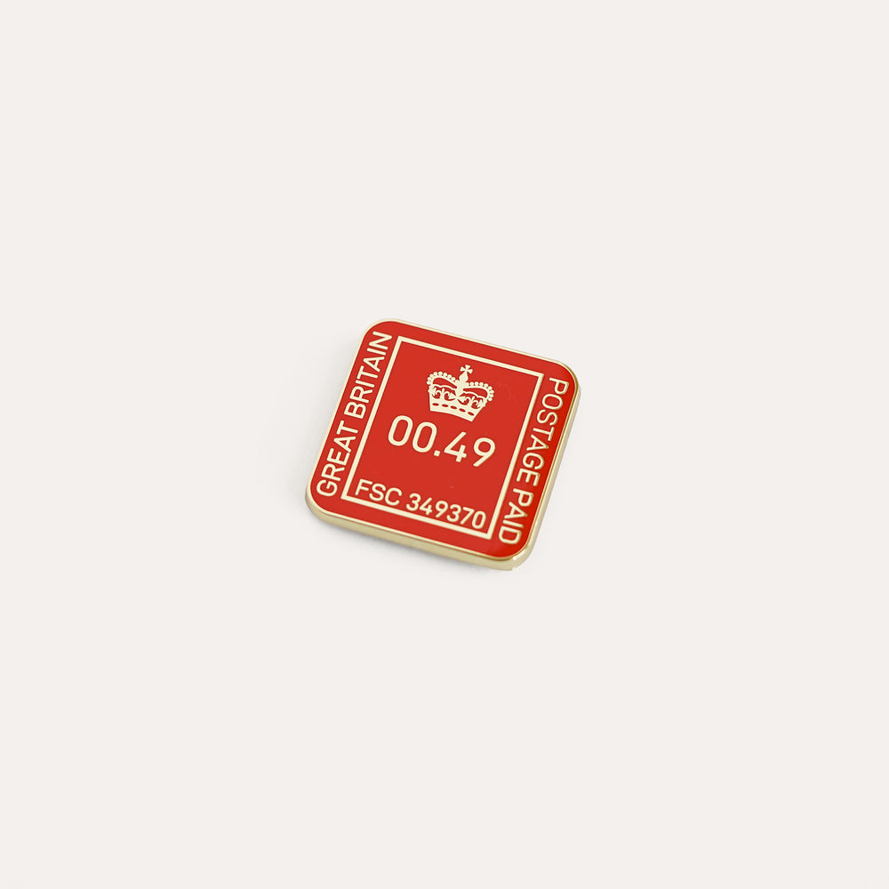 Royal Postmark red and gold needle minder by Go Stitch Studio with enamel finish and rare earth magnets