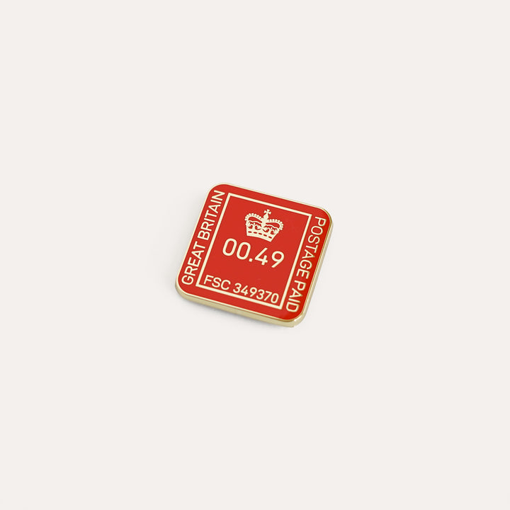 Royal Postmark red and gold needle minder by Go Stitch Studio with enamel finish and rare earth magnets